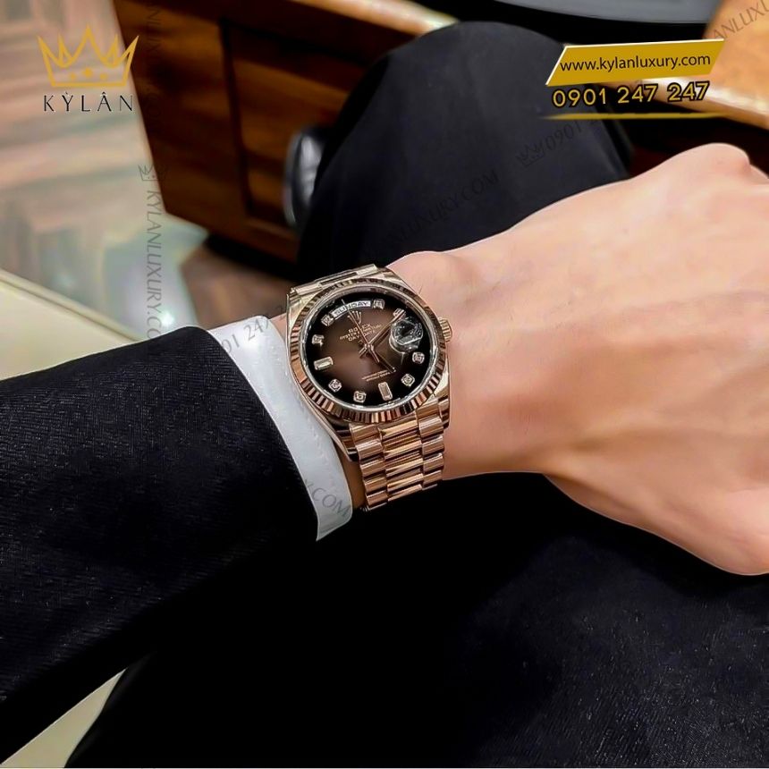 Kỳ Lân Luxury rolex day date 36 nau kim cuong 128235 0037 3 Đồng hồ Rolex Day Date 36 nâu ombré cọc kim cương 128235-0037