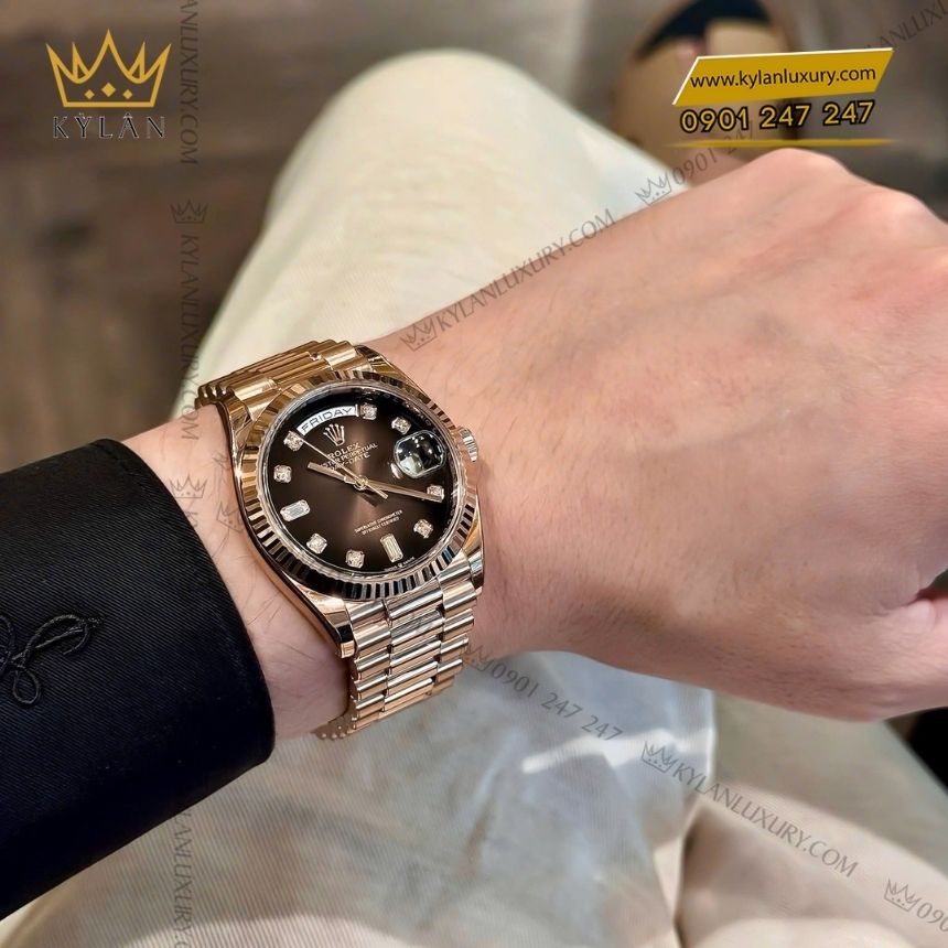 Kỳ Lân Luxury rolex day date 36 nau kim cuong 128235 0037 8 Đồng hồ Rolex Day Date 36 nâu ombré cọc kim cương 128235-0037