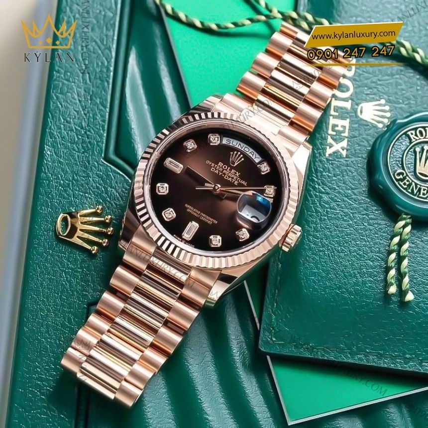 Kỳ Lân Luxury rolex day date 36 nau kim cuong 128235 0037 9 Đồng hồ Rolex Day Date 36 nâu ombré cọc kim cương 128235-0037