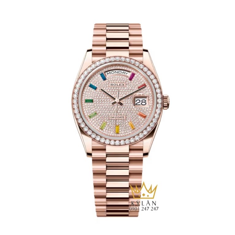 Đồng hồ Rolex Day Date cọc rainbow vành kim 128345RBR-0042