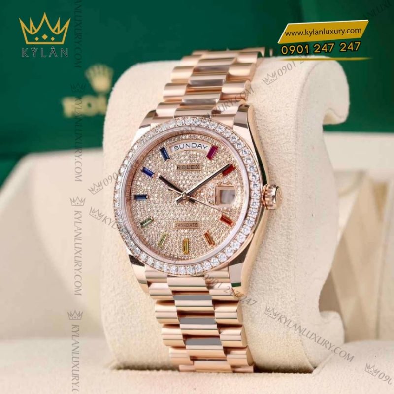 Đồng hồ Rolex Day Date cọc rainbow vành kim 128345RBR-0042