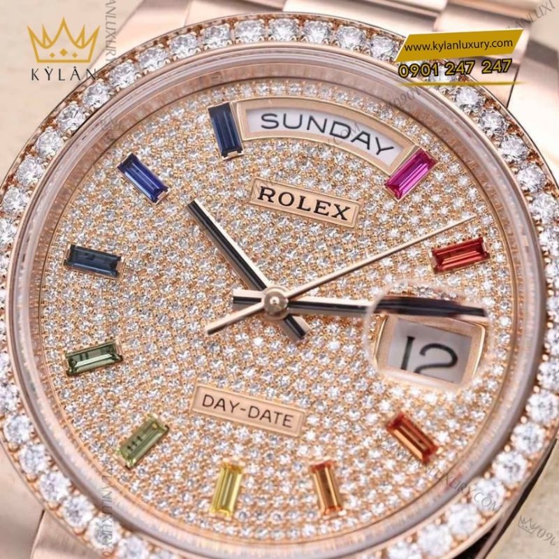 Đồng hồ Rolex Day Date cọc rainbow vành kim 128345RBR-0042
