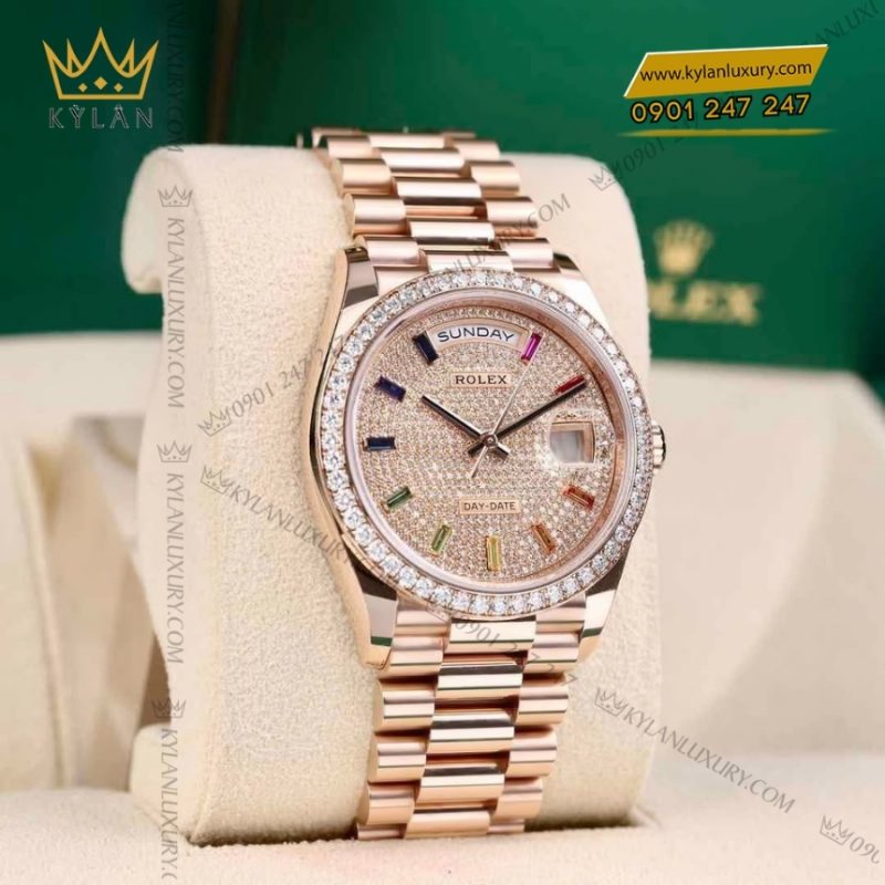 Đồng hồ Rolex Day Date cọc rainbow vành kim 128345RBR-0042