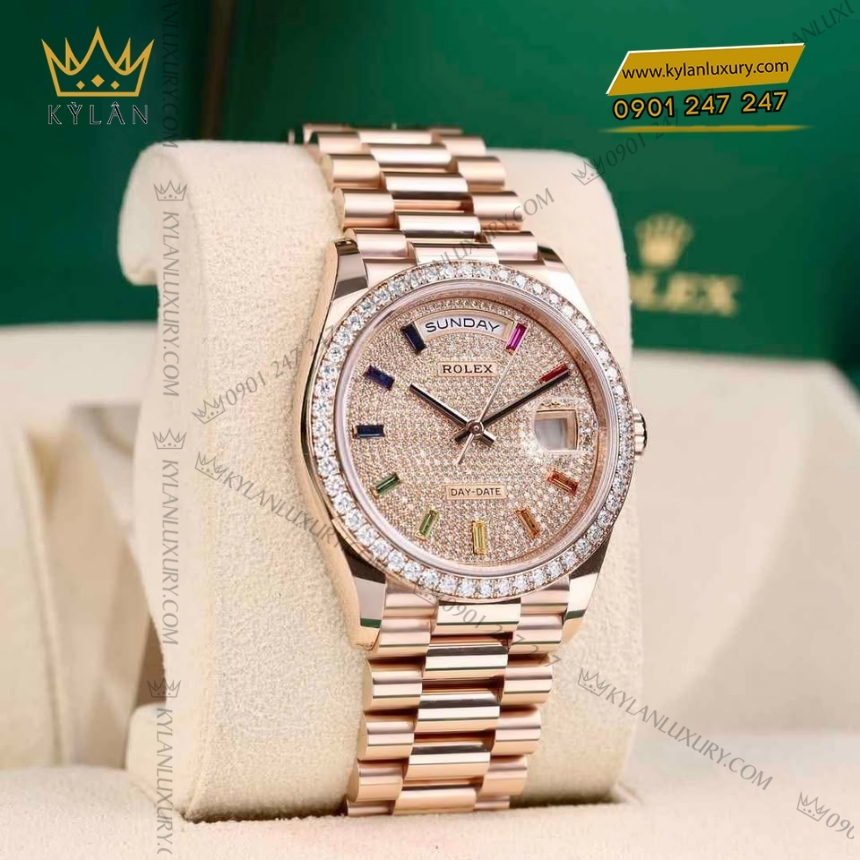 Kỳ Lân Luxury rolex day date 36 vang everose18ct m128345rbr 0042 5 Đồng hồ Rolex Day Date cọc rainbow vành kim 128345RBR-0042