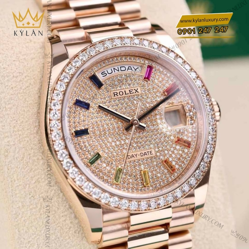 Kỳ Lân Luxury rolex day date 36 vang everose18ct m128345rbr 0042 6 Đồng hồ Rolex Day Date cọc rainbow vành kim 128345RBR-0042