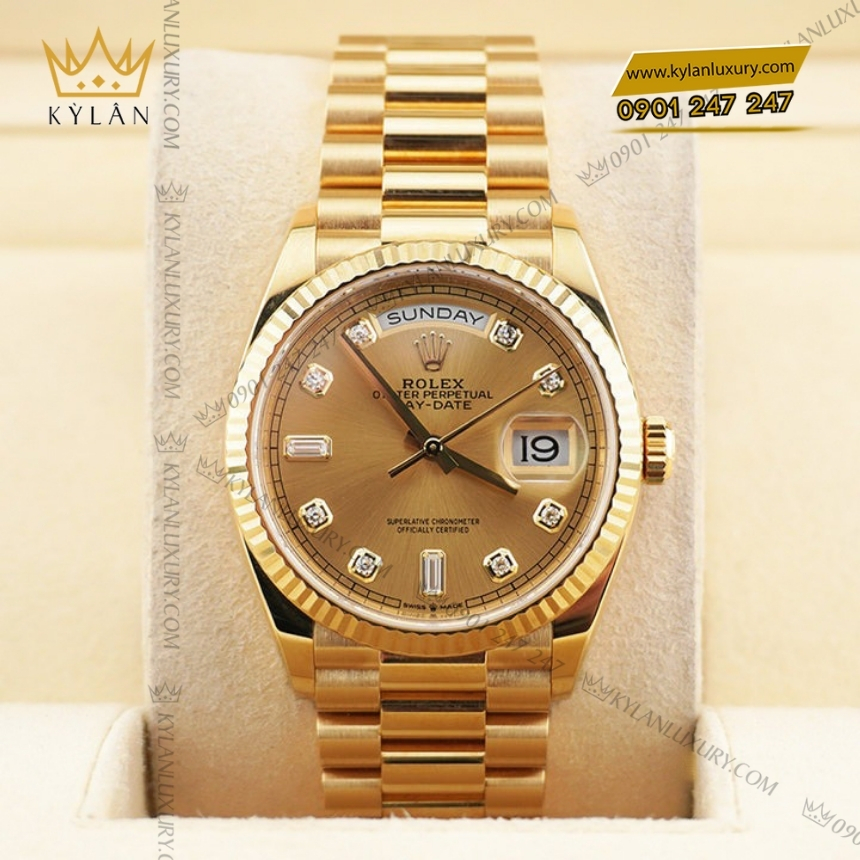 Kỳ Lân Luxury rolex day date 36 vang vang 18 ct m128238 0008 4 Đồng hồ Rolex Day Date 36 mặt champagne cọc kim cương 128238-0008