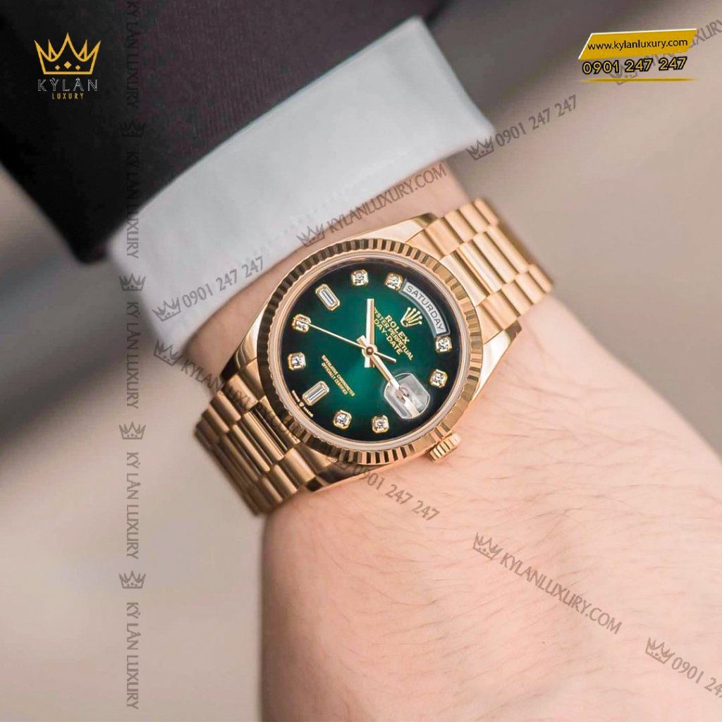 Kỳ Lân Luxury rolex day date 36 vang vang 18 ct m128238 0069 2 Đồng hồ Rolex Day Date 36 128238-0069 mặt ombré xanh kim cương