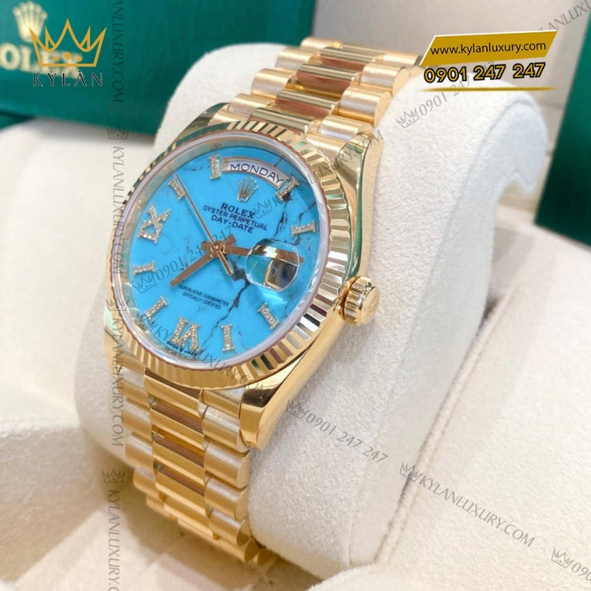 Kỳ Lân Luxury rolex day date 36 vang vang 18 ct m128238 0071 7 Đồng hồ Rolex Day Date 36 vàng vàng mặt Turquoise 128238-0071