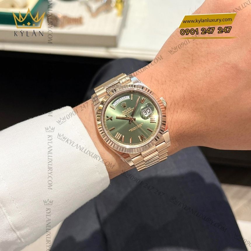 Kỳ Lân Luxury rolex day date 40 228235 mat xanh olive 1 Đồng hồ Rolex Day-Date 40 228235-0025 vàng Everose, mặt số xanh Olive