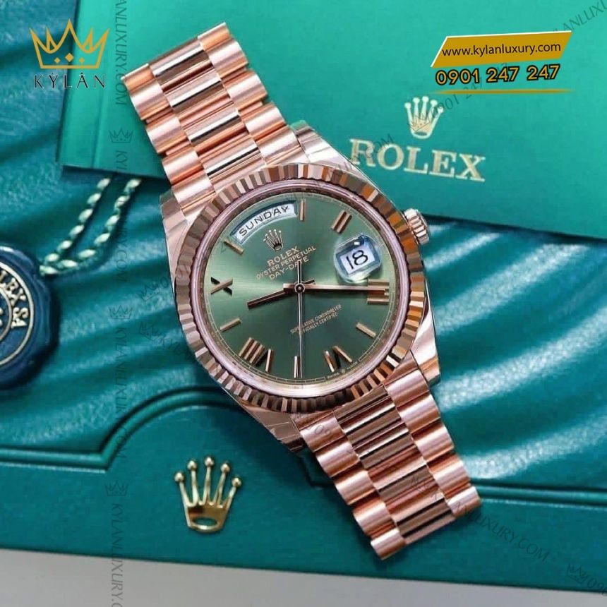 Kỳ Lân Luxury rolex day date 40 228235 mat xanh olive 3 Đồng hồ Rolex Day-Date 40 228235-0025 vàng Everose, mặt số xanh Olive