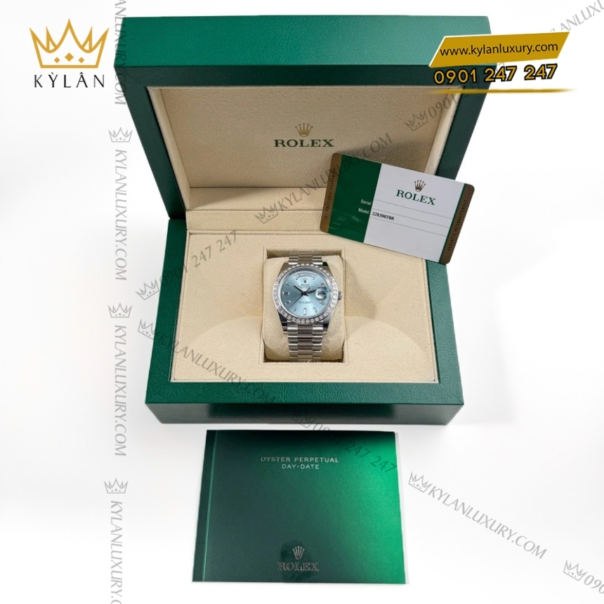 Kỳ Lân Luxury rolex day date 40 bach kim m228396tbr 0002 12 Đồng hồ Rolex Day Date ice blue vành kim vuông 228396TBR-0002