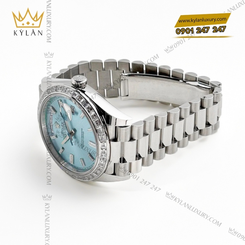 Kỳ Lân Luxury rolex day date 40 bach kim m228396tbr 0002 15 Đồng hồ Rolex Day Date ice blue vành kim vuông 228396TBR-0002