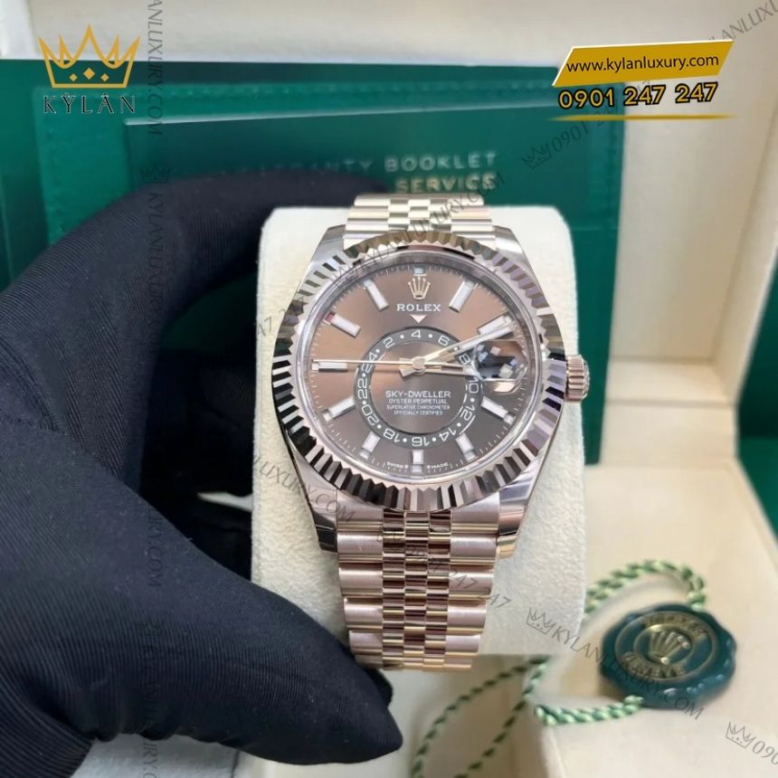 Kỳ Lân Luxury rolex sky dweller 336935 mat chocolate 5 Đồng hồ Rolex Sky-Dweller 42 336935-0006 vàng Everose gold, mặt Chocolate