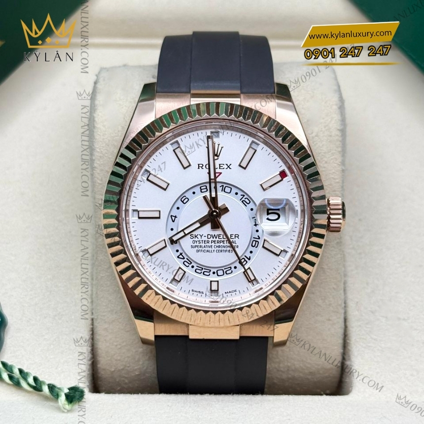 Kỳ Lân Luxury rolex sky dweller vang everose 18ct m326235 0004 10 Đồng hồ Rolex Sky Dweller mặt trắng dây cao su 326235-0004