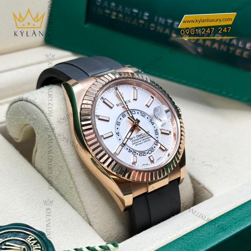 Kỳ Lân Luxury rolex sky dweller vang everose 18ct m326235 0004 3 Đồng hồ Rolex Sky Dweller mặt trắng dây cao su 326235-0004