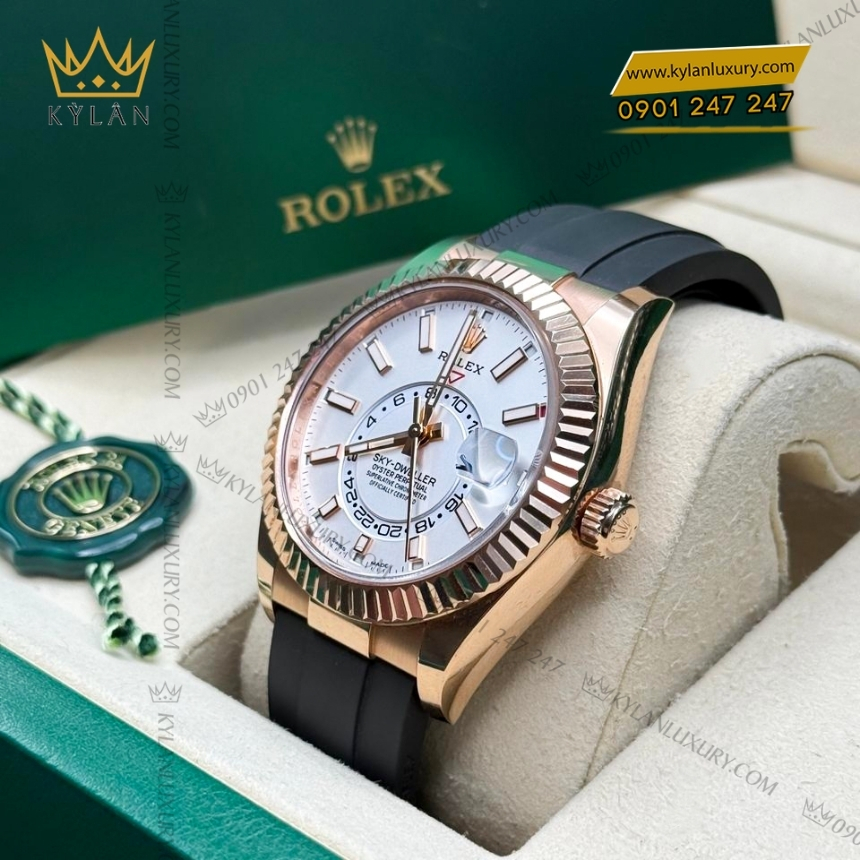 Kỳ Lân Luxury rolex sky dweller vang everose 18ct m326235 0004 9 Đồng hồ Rolex Sky Dweller mặt trắng dây cao su 326235-0004