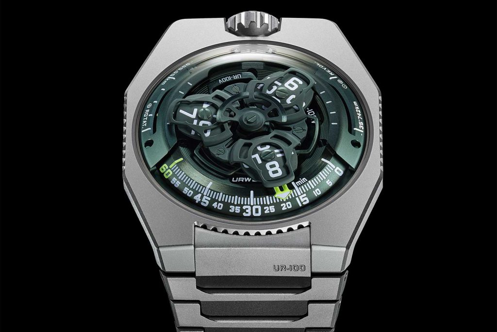 Kỳ Lân Luxury Urwerk UR 100V Magic T Hunter mau xanh la cay 1 Đồng hồ Urwerk UR-100V Magic T Hunter Green