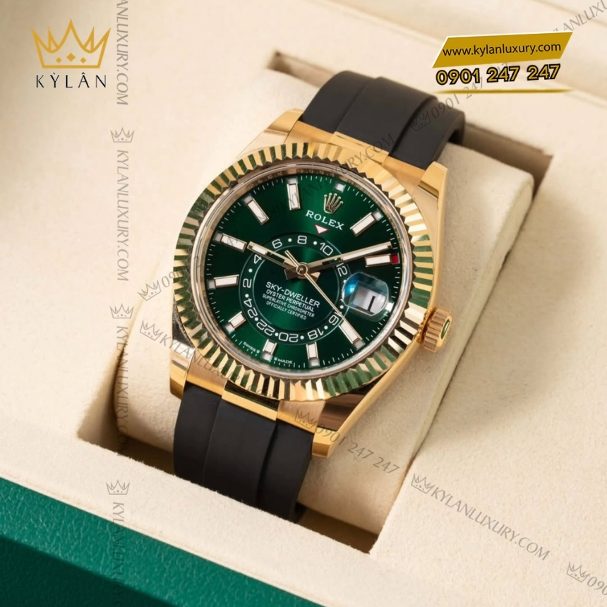 Kỳ Lân Luxury dong ho rolex sky dweller 336238 mat so xanh lam 2 Đồng hồ Rolex Sky Dweller mặt xanh lá dây cao su 336238-0004
