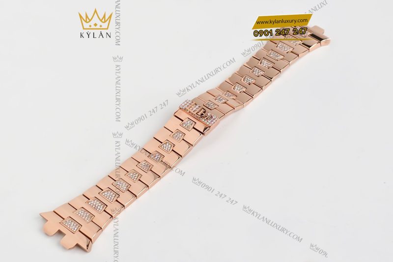 Dây đồng hồ vàng nguyên khối Au750 đính kim cương khắc tên
