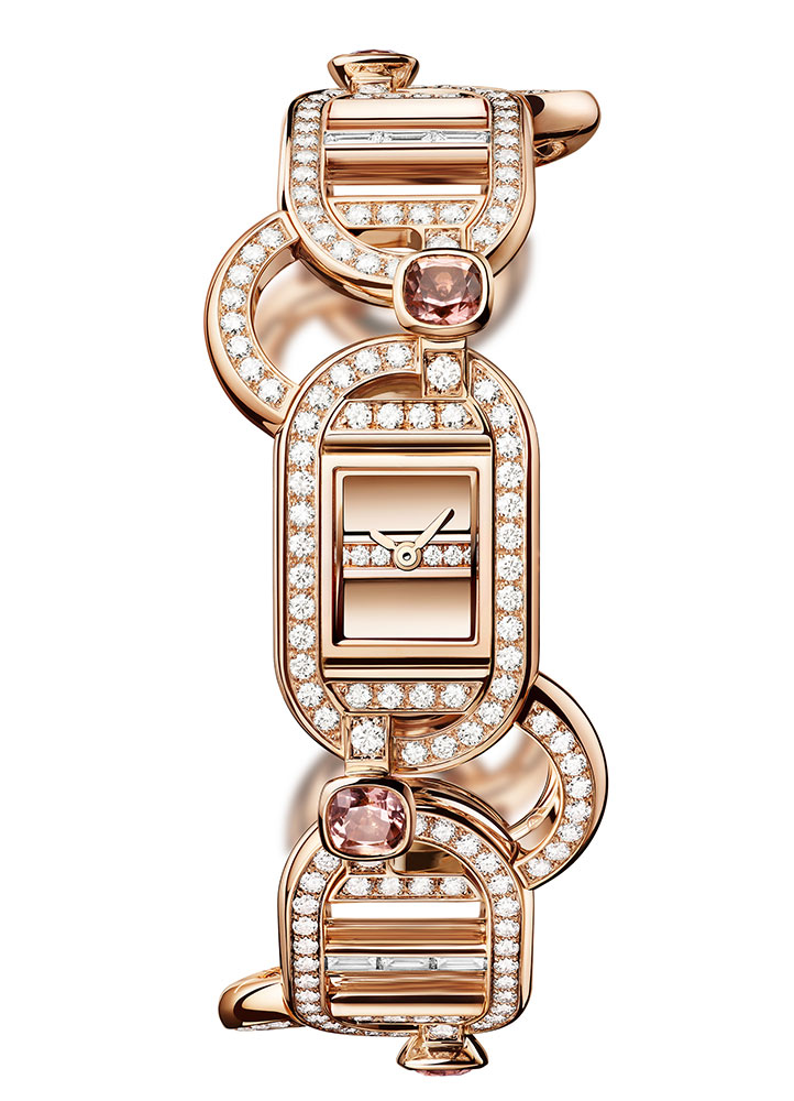 Kỳ Lân Luxury Dong ho deo tay Maillon Libre bang vang hong voi kim cuong va tourmaline dat nung Maillon Libre phụ kiện mới của Hermès
