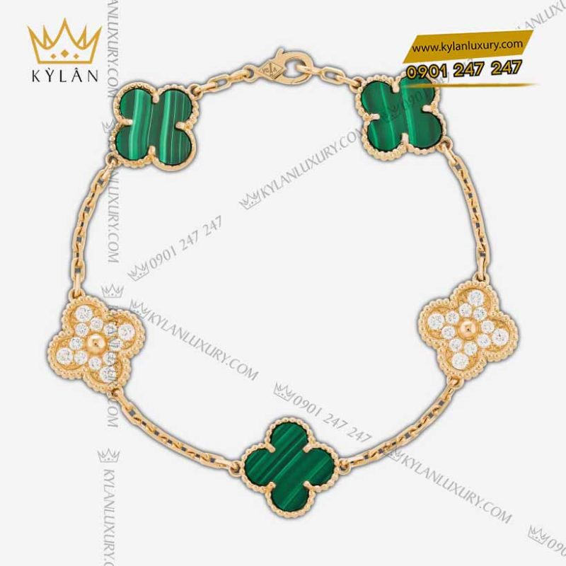 Lắc tay cỏ bốn lá vàng nguyên khối Au750 đính đá quý xanh