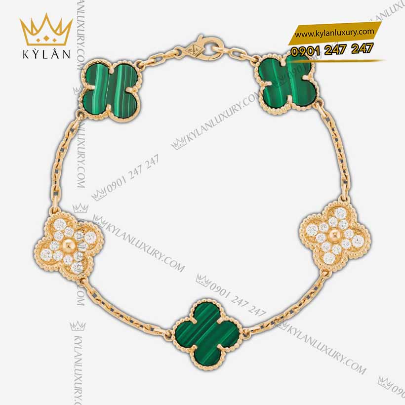 Kỳ Lân Luxury lac tay co bon la vang nguyen khoi au750 dinh da quy xanh 8 Lắc tay cỏ bốn lá vàng nguyên khối Au750 đính đá quý xanh