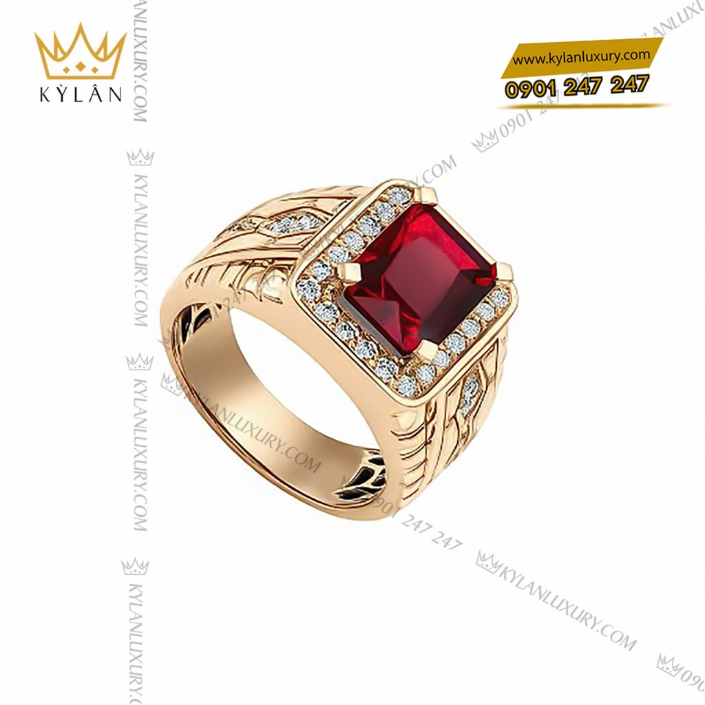 Nhẫn nam vàng nguyên khối Au750 đính đá quý đỏ
