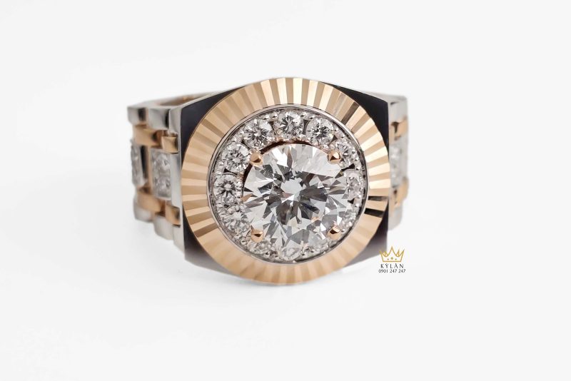Nhẫn Rolex demi vàng nguyên khối Au750 đính viên chủ 8ly1