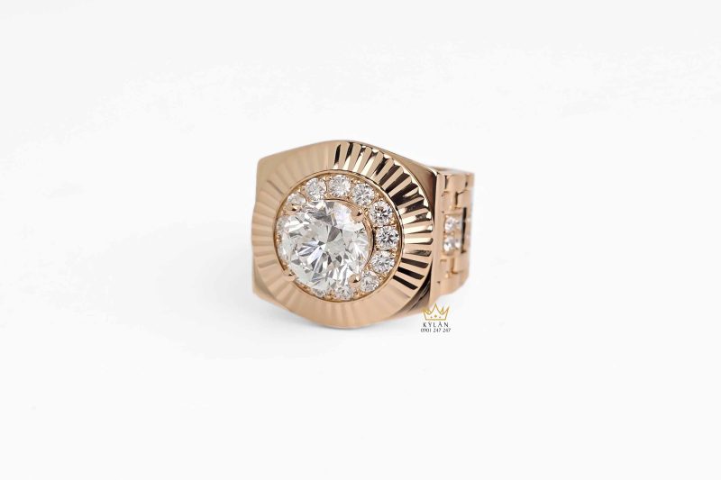 Nhẫn Rolex vàng hồng nguyên khối Au750 đính viên chủ 9ly
