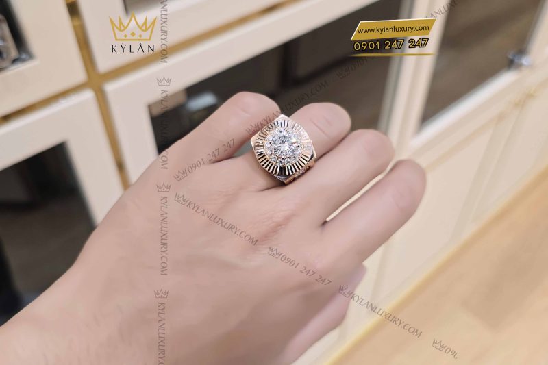 Nhẫn Rolex vàng hồng nguyên khối Au750 đính viên chủ 9ly