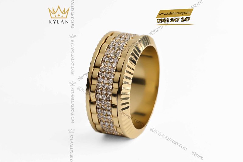 Nhẫn Rolex xoay vàng vàng nguyên khối Au750 đính 3 hàng kim cương