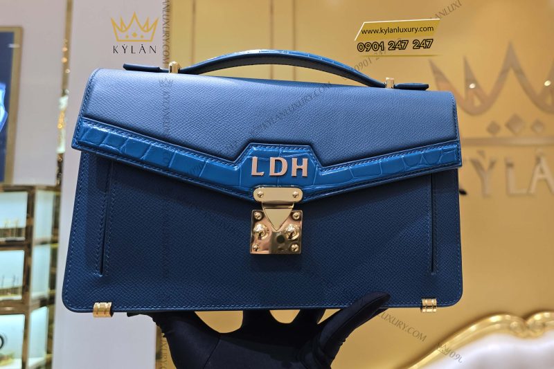 Túi xách da Epsom mix da Alligator màu xanh đính logo vàng LDH