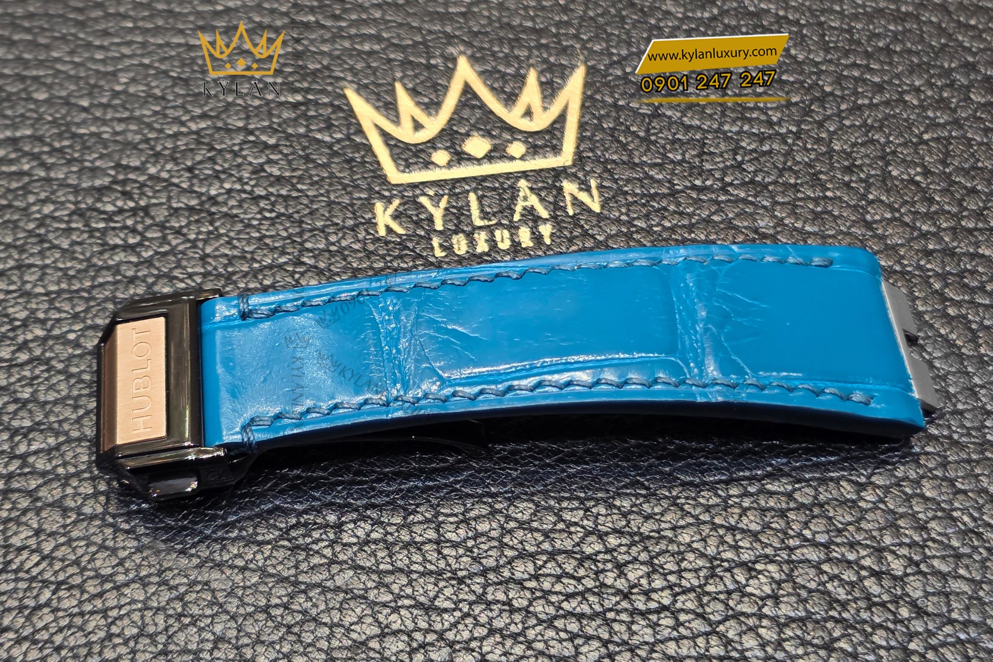 Kỳ Lân Luxury Day dong ho Hublot da ca mau xanh 1 Dây đồng hồ Hublot da cá màu xanh