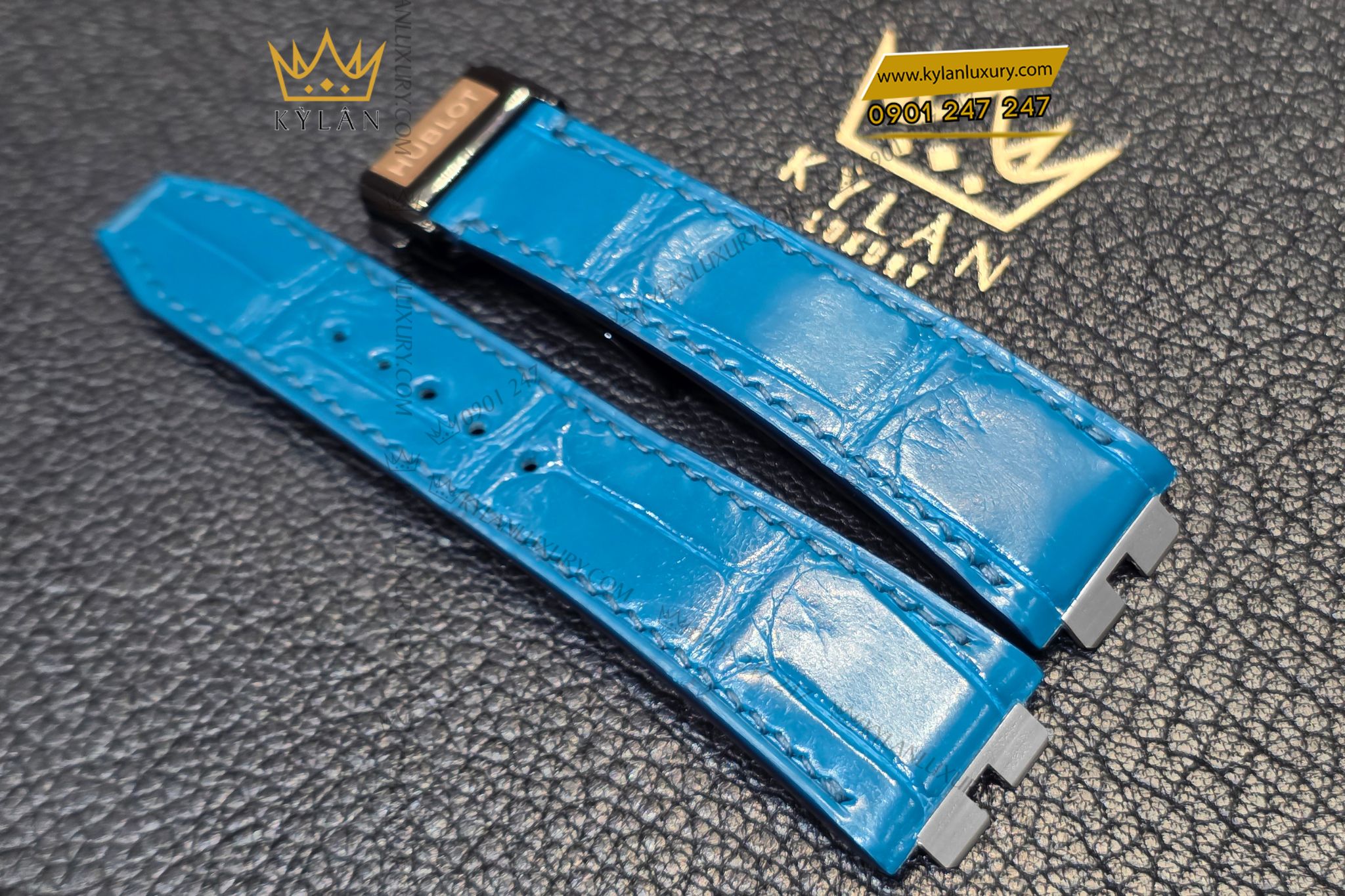 Kỳ Lân Luxury Day dong ho Hublot da ca mau xanh 6 Dây đồng hồ Hublot da cá màu xanh