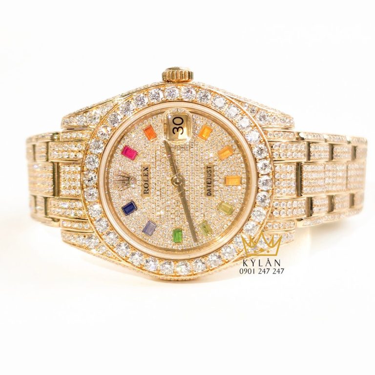 Đồng hồ Rolex Datejust custom vàng đính full kim cương, cọc số Rainbow 31mm