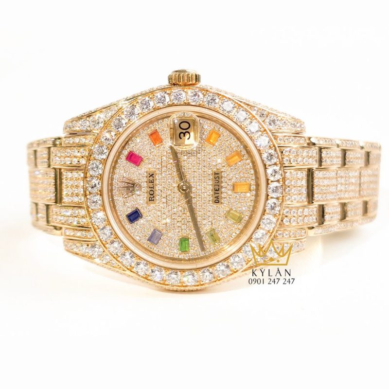 Đồng hồ Rolex Datejust custom vàng đính full kim cương, cọc số Rainbow 31mm