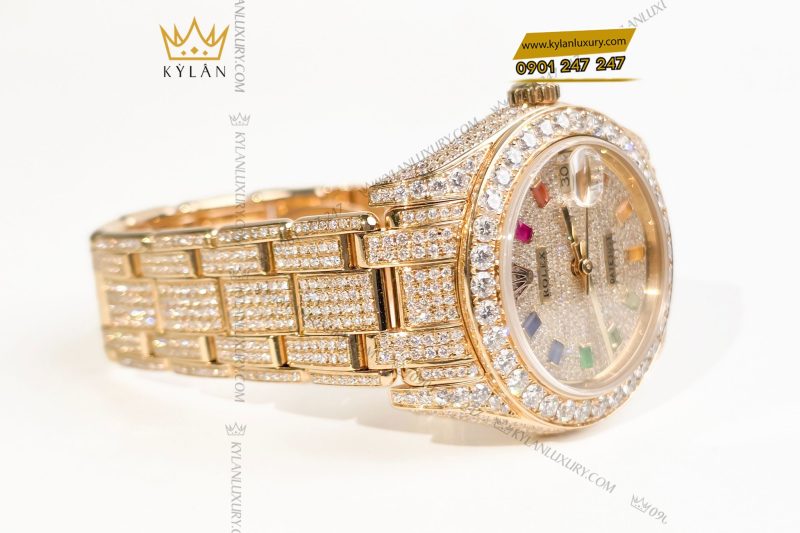 Đồng hồ Rolex Datejust custom vàng đính full kim cương, cọc số Rainbow 31mm