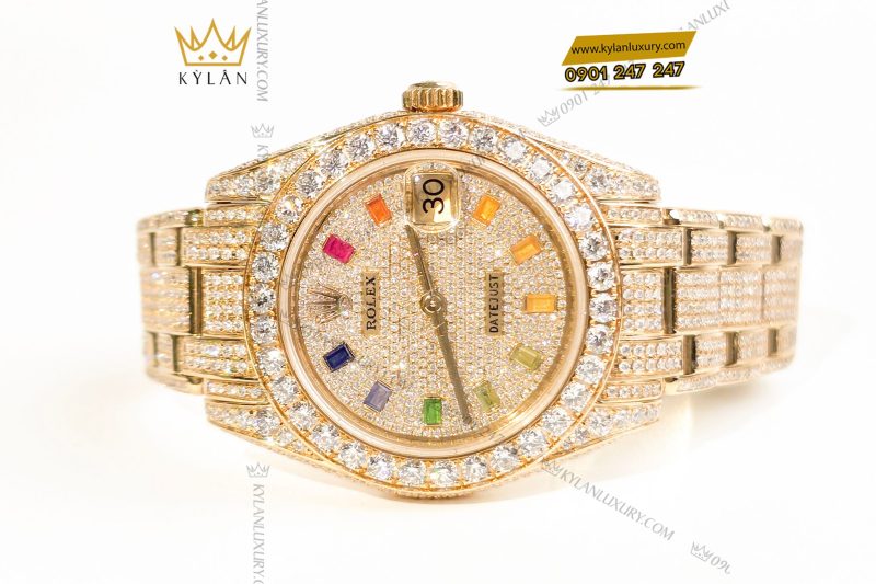 Đồng hồ Rolex Datejust custom vàng đính full kim cương, cọc số Rainbow 31mm