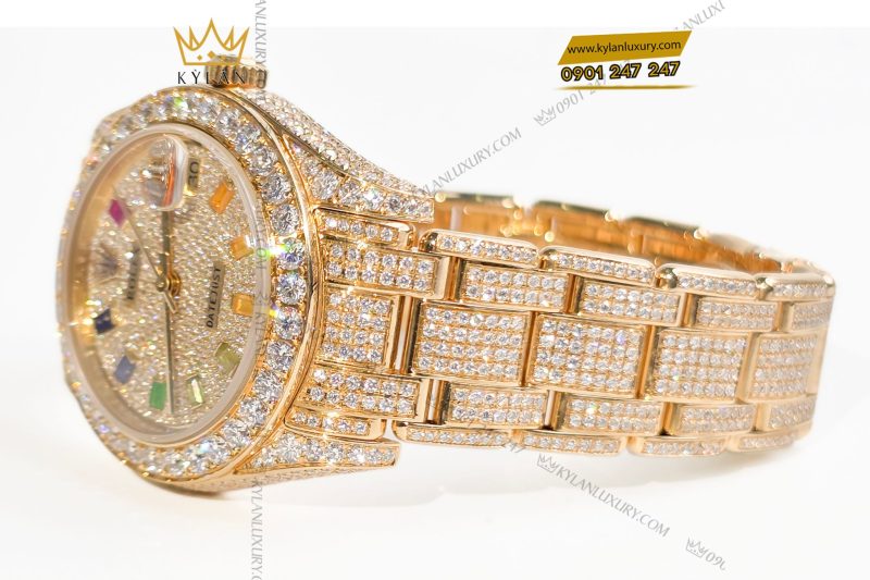 Đồng hồ Rolex Datejust custom vàng đính full kim cương, cọc số Rainbow 31mm