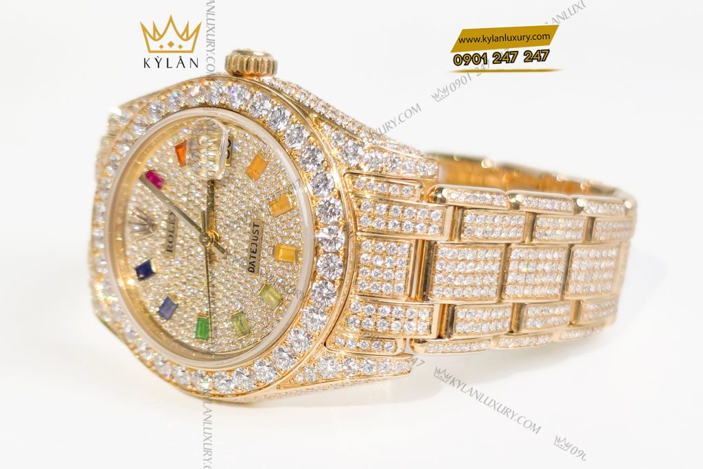 Kỳ Lân Luxury Dong ho Rolex Datejust custom vang nguyen khoi Au750 dinh full kim cuong coc so Rainbow 31mm 19 Đồng hồ Rolex Datejust custom vàng đính full kim cương, cọc số Rainbow 31mm