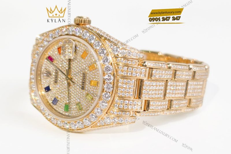 Đồng hồ Rolex Datejust custom vàng đính full kim cương, cọc số Rainbow 31mm