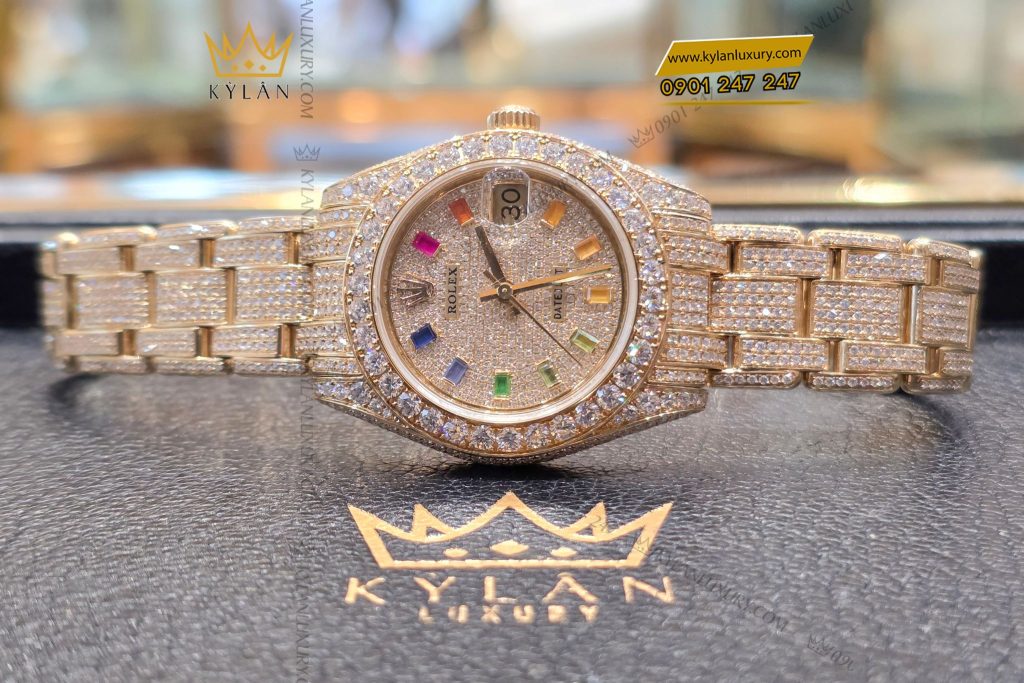 Kỳ Lân Luxury Dong ho Rolex Datejust custom vang nguyen khoi Au750 dinh full kim cuong coc so Rainbow 31mm 22 Đồng hồ Rolex Datejust custom vàng đính full kim cương, cọc số Rainbow 31mm