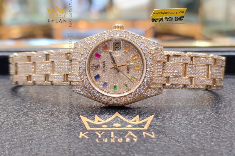 Đồng hồ Rolex Datejust custom vàng đính full kim cương, cọc số Rainbow 31mm