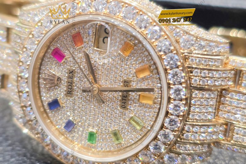 Đồng hồ Rolex Datejust custom vàng đính full kim cương, cọc số Rainbow 31mm