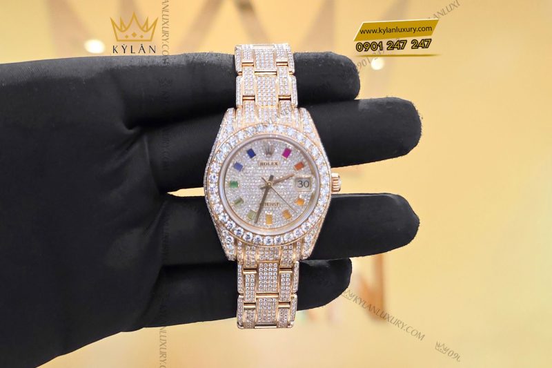 Đồng hồ Rolex Datejust custom vàng đính full kim cương, cọc số Rainbow 31mm