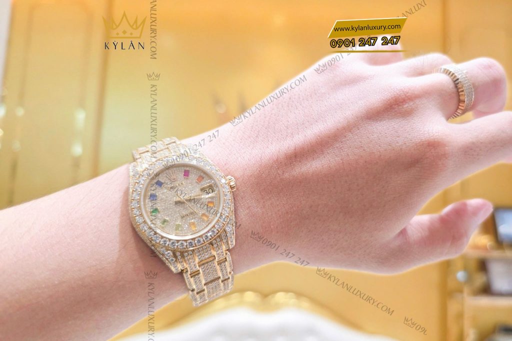 Kỳ Lân Luxury Dong ho Rolex Datejust custom vang nguyen khoi Au750 dinh full kim cuong coc so Rainbow 31mm 25 Đồng hồ Rolex Datejust custom vàng đính full kim cương, cọc số Rainbow 31mm