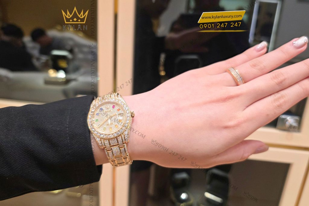 Kỳ Lân Luxury Dong ho Rolex Datejust custom vang nguyen khoi Au750 dinh full kim cuong coc so Rainbow 31mm 26 Đồng hồ Rolex Datejust custom vàng đính full kim cương, cọc số Rainbow 31mm