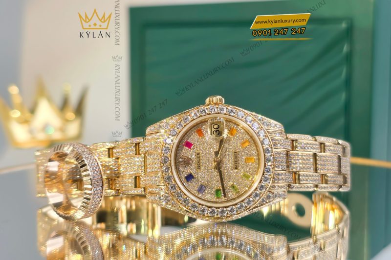 Đồng hồ Rolex Datejust custom vàng đính full kim cương, cọc số Rainbow 31mm