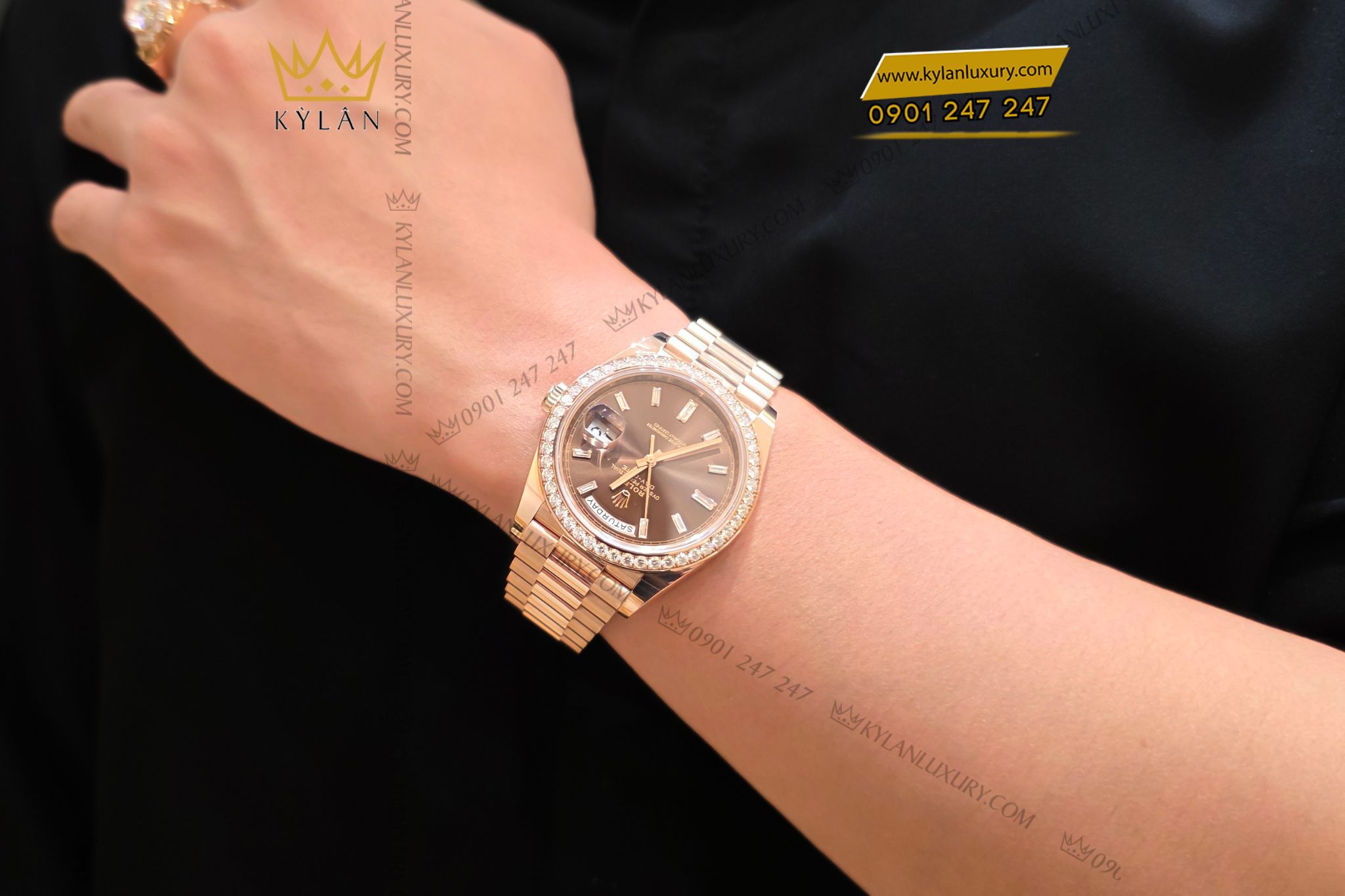 Kỳ Lân Luxury Dong ho Rolex Day Date 40 228345RBR 0006 mat so Chocolate coc so kim cuong 12 Đồng hồ Rolex Day-Date 40 228345RBR-0006 mặt số Chocolate cọc số kim cương
