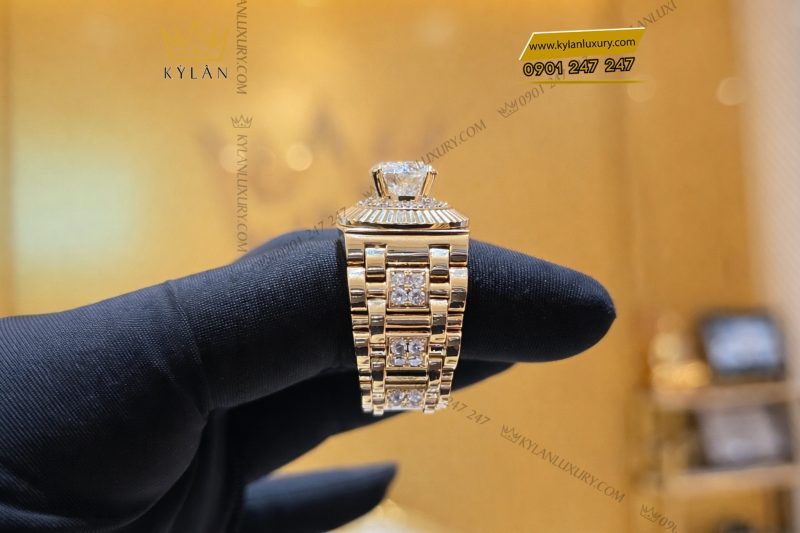 Nhẫn Rolex vàng vàng nguyên khối Au750 đính viên chủ 9ly4